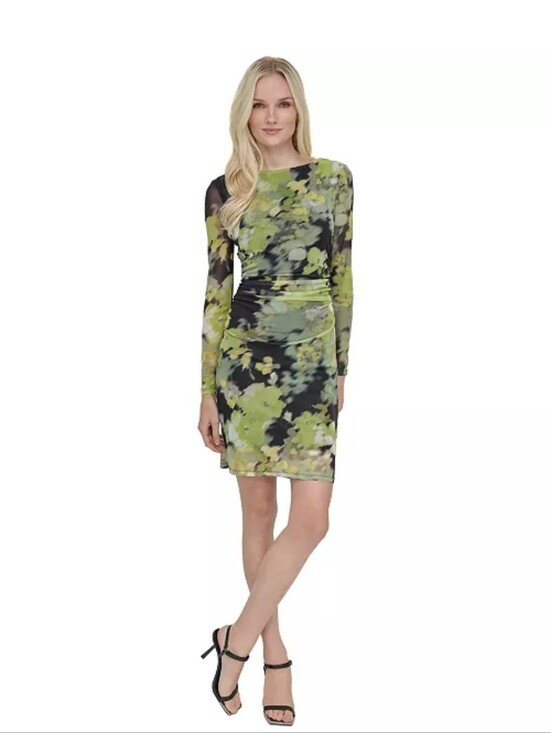 Dkny Dresses & Skirts - DKNY NWT Size 10P Green Floral Ruched Long Sleeve Mesh Midi Dress $129